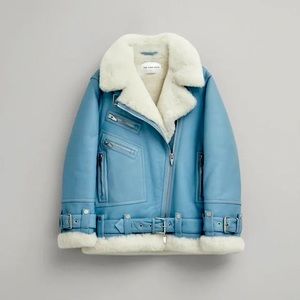 Arrivals Moya IV Leather & Wool Shearling Blue Moto Jacket (Never Worn)